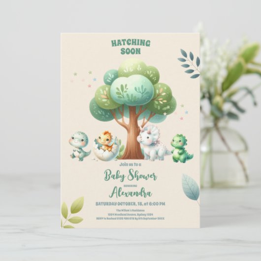 Cute Dinosaur Waterverf Hatching Soon Baby shower Kaart (Staand voorkant)