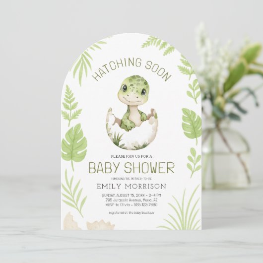 Cute Dinosaur Waterverf Hatching Soon Baby shower Kaart (Staand voorkant)