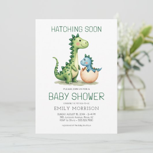 Cute Dinosaur Waterverf Hatching Soon Baby shower Kaart (Staand voorkant)