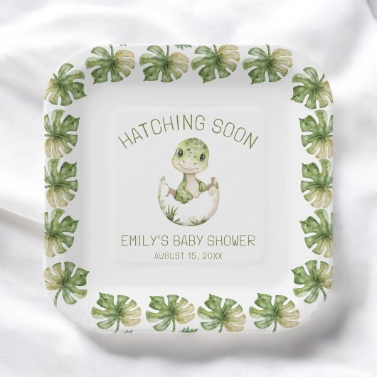 Cute Dinosaur Waterverf Hatching Soon Baby shower Papieren Bordje