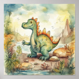 Cute Dinosaur Waterverf Storybook Illustration Poster