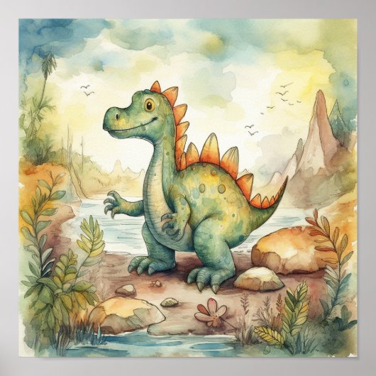 Cute Dinosaur Waterverf Storybook Illustration Poster (Voorkant)