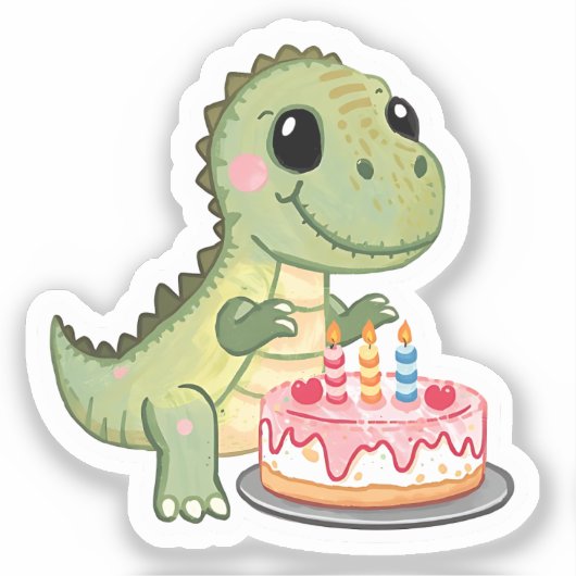 Cute Dinosaur with Birthday Cake Sticker (Voorkant)