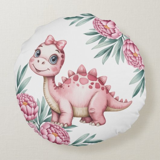 Cute Dinosaur with Butterflies Baby Shower Gift Rond Kussen (Achterkant)