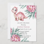 Cute Dinosaur with Pink Peony Girl Baby Shower Kaart (Voorkant)
