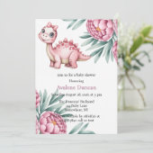 Cute Dinosaur with Pink Peony Girl Baby Shower Kaart (Staand voorkant)