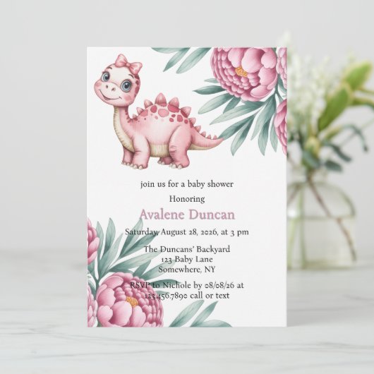 Cute Dinosaur with Pink Peony Girl Baby Shower Kaart (Staand voorkant)