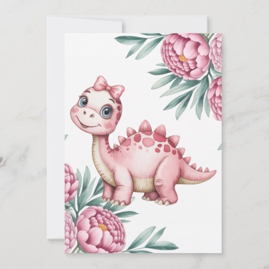 Cute Dinosaur with Pink Peony Girl Baby Shower Kaart (Achterkant)