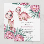 Cute Dinosaur with Pink Peony Girl Baby Shower Kaart (Voorkant / Achterkant)