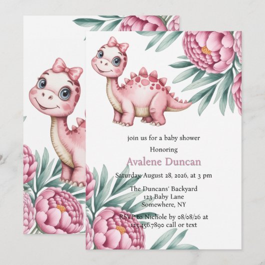 Cute Dinosaur with Pink Peony Girl Baby Shower Kaart (Voorkant / Achterkant)