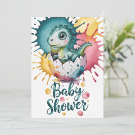 Cute Dinosaur with Watercolor Splash Baby Shower Kaart