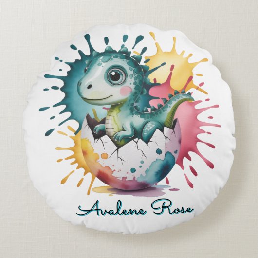 Cute Dinosaur with Watercolor Splash Baby Shower Rond Kussen (Voorkant)