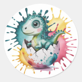 Cute Dinosaur with Watercolor Splash Baby Shower Ronde Sticker