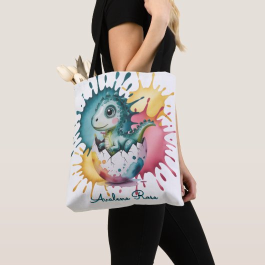 Cute Dinosaur with Watercolor Splash Baby Shower Tote Bag (Dichtbij)