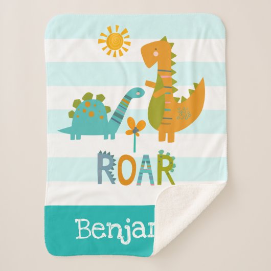 Cute Dinosaurs Baby Boy Bold Turquoise Stripe Name Sherpa Deken (Voorkant)