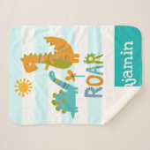 Cute Dinosaurs Baby Boy Bold Turquoise Stripe Name Sherpa Deken (Voorkant (horizontaal))