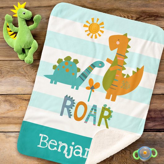 Cute Dinosaurs Baby Boy Bold Turquoise Stripe Name Sherpa Deken