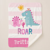 Cute Dinosaurs Baby Girl Pink Stripe Name Keepslag Sherpa Deken (Voorkant)