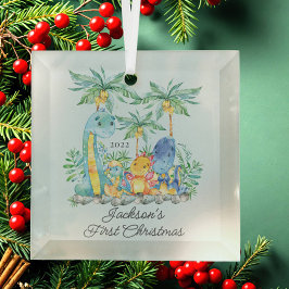 Cute Dinosaurs Baby's Eerste Kerstmis Glas Ornament