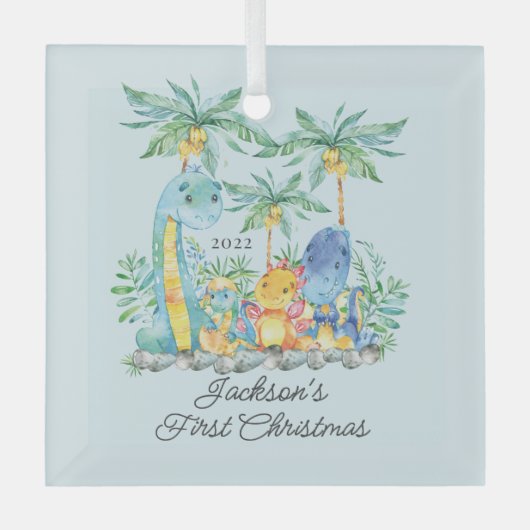 Cute Dinosaurs Baby's Eerste Kerstmis Glas Ornament (Voorkant)