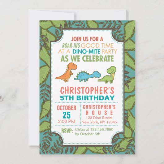 Cute Dinosaurs Birthday Party Kaart (Voorkant)