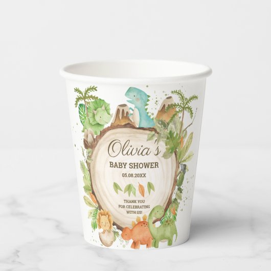 Cute Dinosaurs Boy Baby shower Greenery Leafy Papieren Bekers (Achterkant)