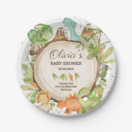Cute Dinosaurs Boy Baby shower Greenery Leafy Papieren Bordje