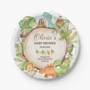 Cute Dinosaurs Boy Baby shower Greenery Leafy Papieren Bordje