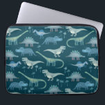 Cute Dinosaurs Dark Green Pattern Laptop Sleeve<br><div class="desc">Veel witte blauwe dinosaurussen,  Tyrannosaurus rex,  Spinosaurus,  Stegosaurus,  Diplodocus en Triceratops. Eek!</div>