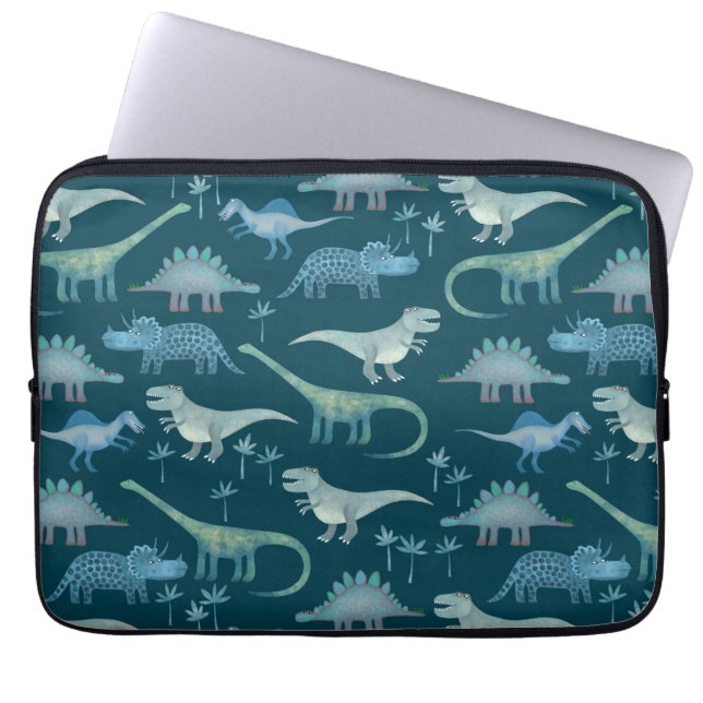 Cute Dinosaurs Dark Green Pattern Laptop Sleeve (Voorkant)