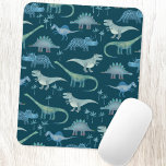 Cute Dinosaurs Dark Green Pattern Muismat<br><div class="desc">Veel grillige blauwe dinosauriërs,  Tyrannosaurus rex,  Spinosaurus,  Stegosaurus,  Diplodocus en Triceratops. Eek! Originele kunst van Nic Squirrell.</div>