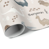 Cute Dinosaurs Footprints & Custom Name Beige Cadeaupapier (Rol Hoek)