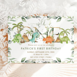 Cute Dinosaurs Greenery 1st Birthday Wild One Kaart