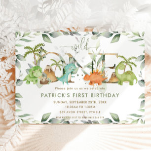Cute Dinosaurs Greenery 1st Birthday Wild One Kaart
