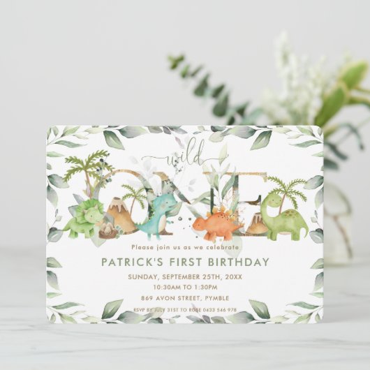 Cute Dinosaurs Greenery 1st Birthday Wild One Kaart (Staand voorkant)