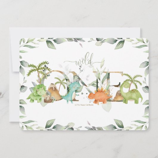 Cute Dinosaurs Greenery 1st Birthday Wild One Kaart (Achterkant)