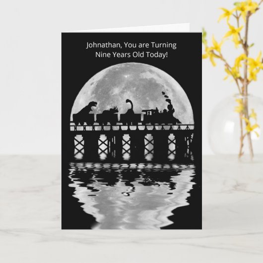 Cute Dinosaurs in Train Fantasy 9 jaar Kaart (Gele Bloem)