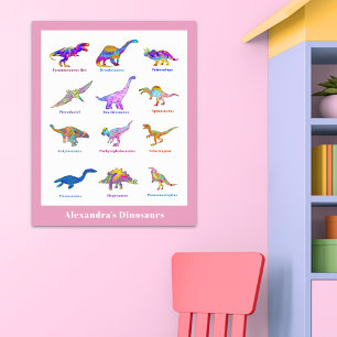 Cute Dinosaurs met namen roze Educatief Poster