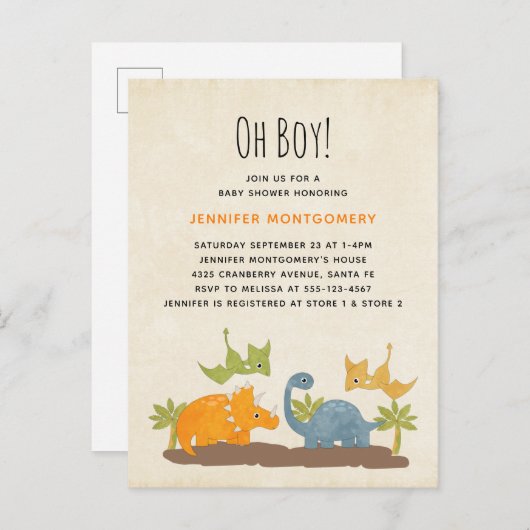 Cute Dinosaurs Prehistorische Baby shower in het w Uitnodiging Briefkaart (Voorkant / Achterkant)