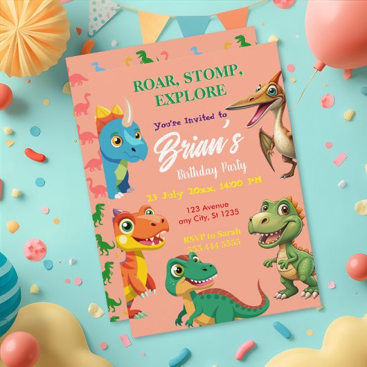 Cute Dinosaurs roar Boy Birthday Invitation Kaart