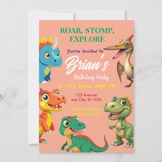 Cute Dinosaurs roar Boy Birthday Invitation Kaart (Voorkant)