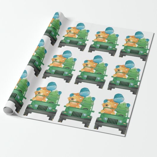 Cute Dinosaurs Safari Vehicle Oerwoud Baby shower Cadeaupapier (Uitgerold)