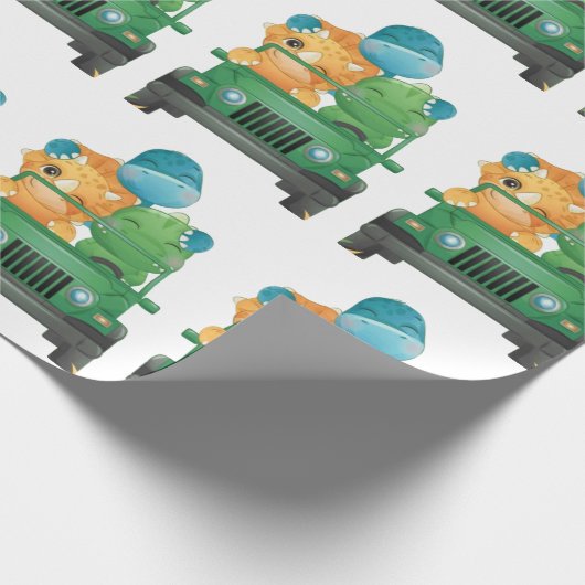 Cute Dinosaurs Safari Vehicle Oerwoud Baby shower Cadeaupapier (Hoek)