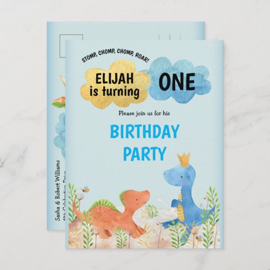 Cute Dinosaurs spelen jongen 1 geboortedag Uitnodiging Briefkaart (Voorkant / Achterkant)