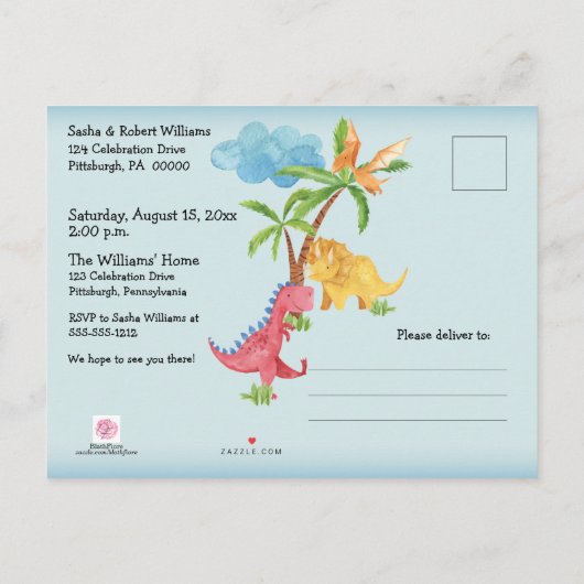 Cute Dinosaurs spelen jongen 1 geboortedag Uitnodiging Briefkaart (Achterkant)