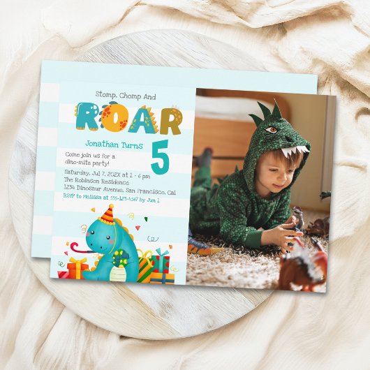 Cute Dinosaurs Stomp Chomp and roar birhtday boy  Kaart