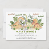 Cute Dinosaurs Tropical Leaves Boy Birthday Party Kaart (Voorkant)