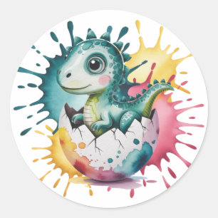 Cute dinosaurus met waterverfspatten baby shower ronde sticker