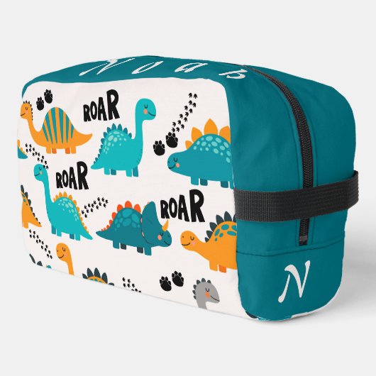 Cute Dinosaurus Patroon Aangepaste Monogram Naam K Toilettasje (Linkerhoek)