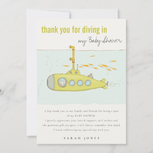 Cute Dive in onderwateronderzeeër Baby shower Bedankkaart (Voorkant)